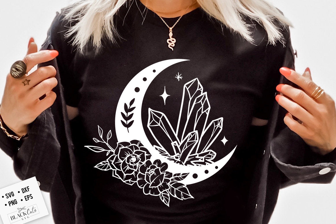 Crystals moon flowers SVG, Crescent moon svg, Magic illustration svg, Witchcraft svg, Boho svg, Boho illustration svg, Magic Illustration