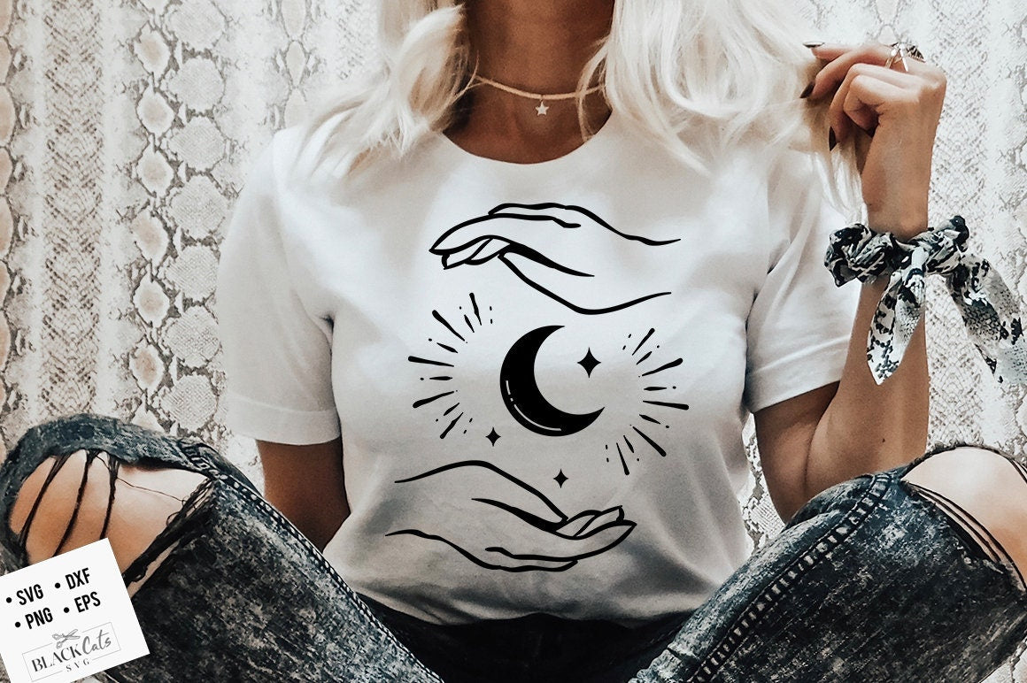 Hands and moon SVG, Crescent moon svg, Magic illustration svg, Witchcraft svg, Boho svg, Magic Illustration svg, Witchy vibes svg