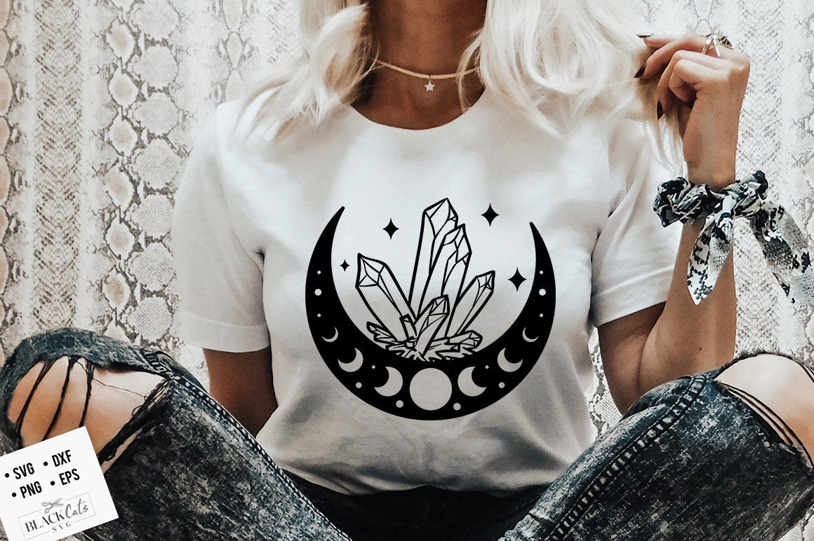 Moon and crystals SVG, Crescent moon svg, Magic illustration svg, Boho svg, Boho illustration svg, Magic Illustration svg,