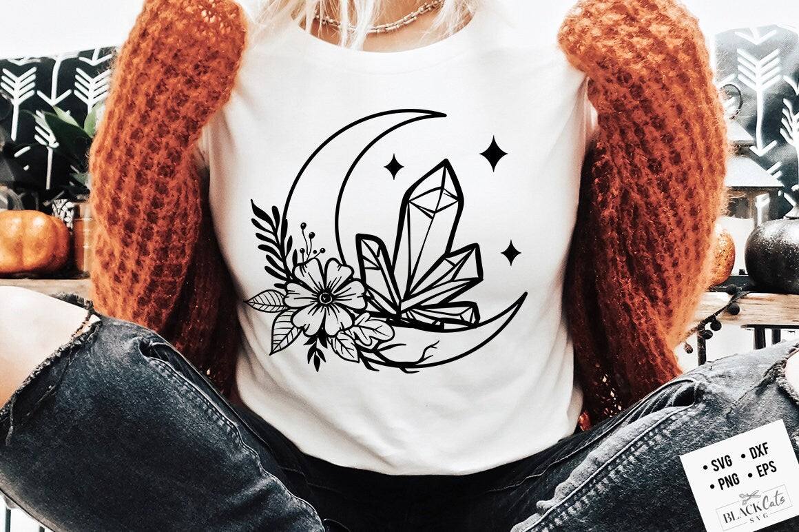Crystals moon flowers SVG, Crescent moon svg, Magic illustration svg, Witchcraft svg, Boho svg, Boho illustration svg, Witchy vibes svg