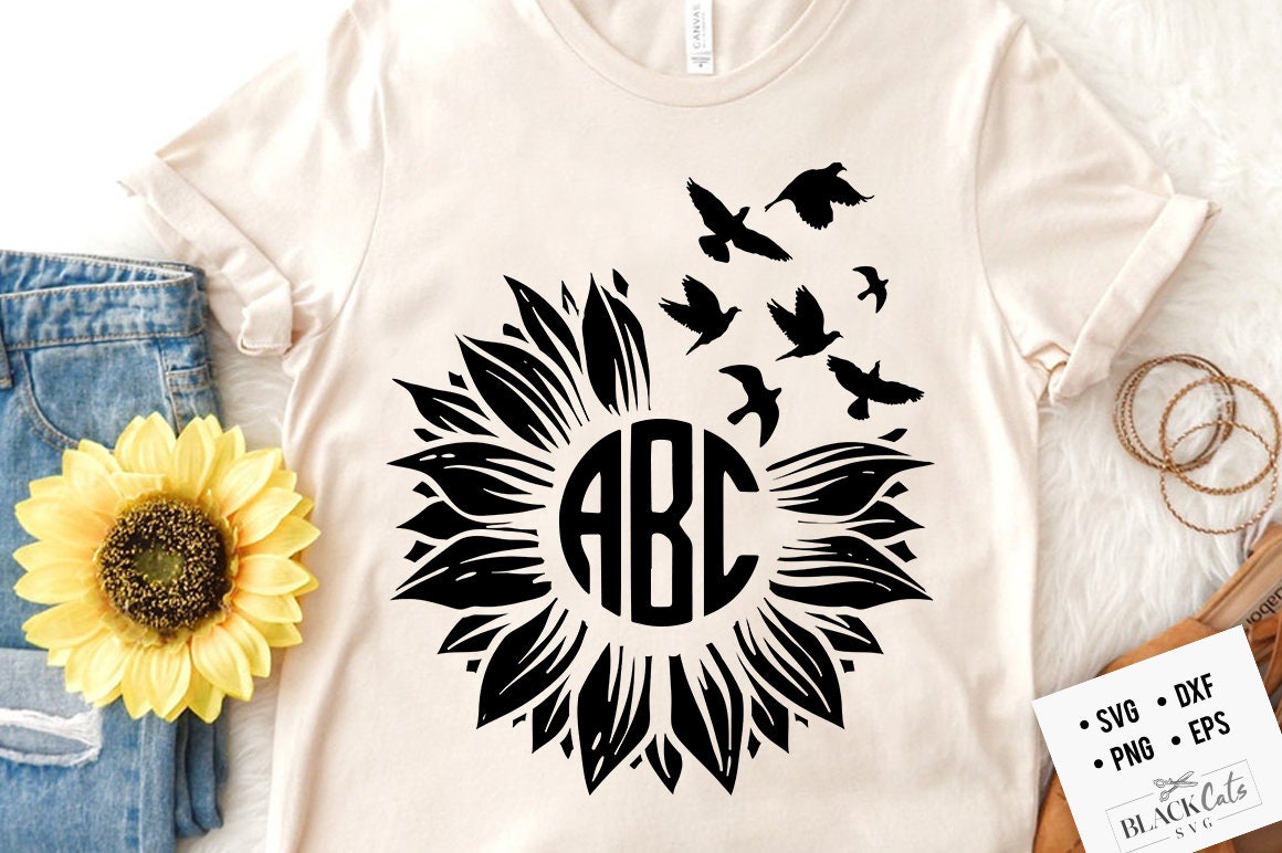 Sunflower round monogram and birds svg, Sunflower svg, Boho flower svg, Flower quotes svg, sunshine svg, kindness svg