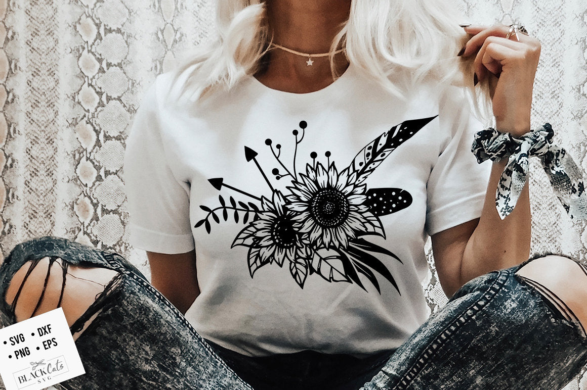 Sunflower and feathers svg, Sunflower illustration svg, Sunflower svg, Boho flower svg, Flower quotes svg, sunshine svg, kindness svg