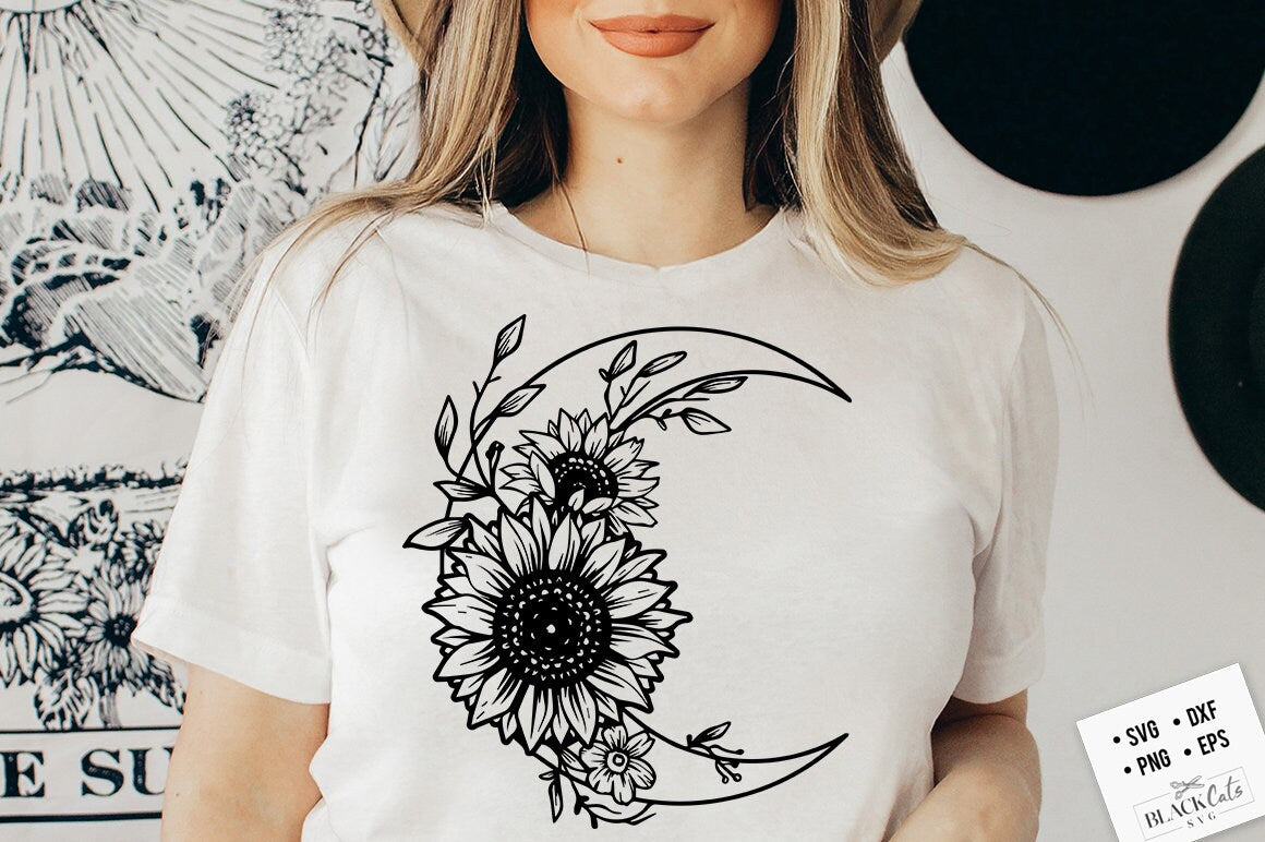 Crescent moon svg, Moon and sunflower SVG, Magic illustration svg, Witchcraft svg, Boho svg, Magic Illustration svg, Witchy vibes svg