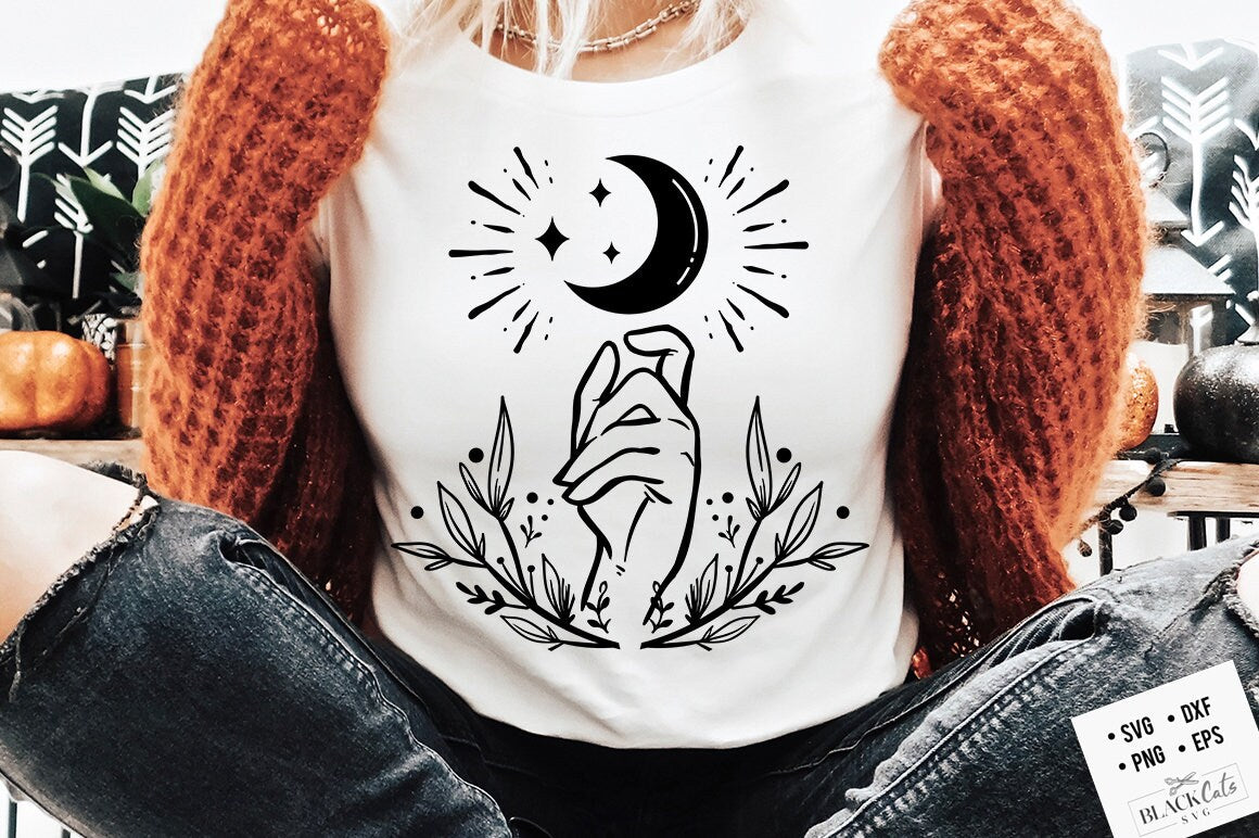 Hands and moon SVG, Crescent moon svg, Magic illustration svg, Witchcraft svg, Boho svg, Boho illustration svg, Magic Illustration svg,
