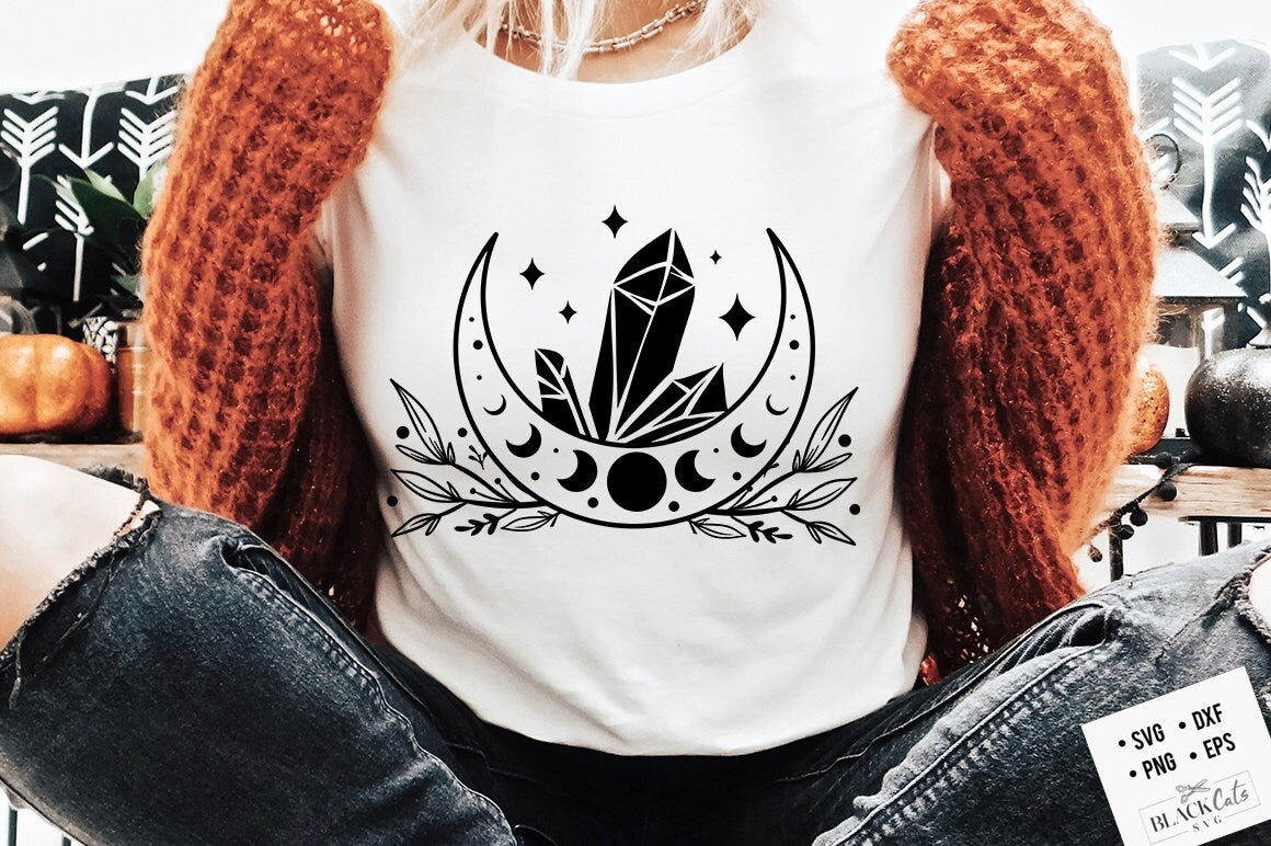 Moon and crystals SVG, Crescent moon svg, Magic illustration svg, Witchcraft svg, Boho svg, Magic Illustration svg, Witchy vibes svg