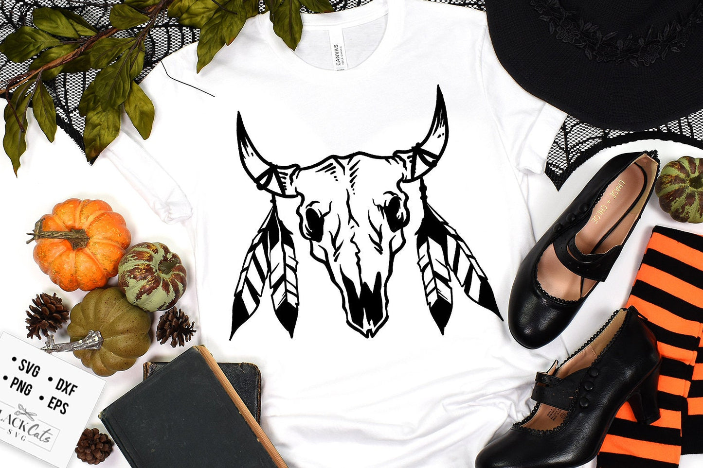 Bull skull and feathers svg, Halloween svg, Happy Halloween svg, Witch svg