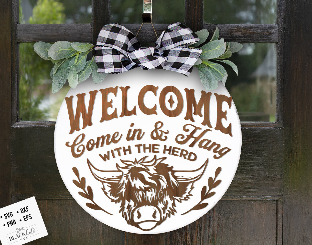 Highland cow door hanger svg, Highland cow round svg, Welcome sign svg, Cow Head SVG, Front door hanger svg, Farmhouse Cow Sign Svg