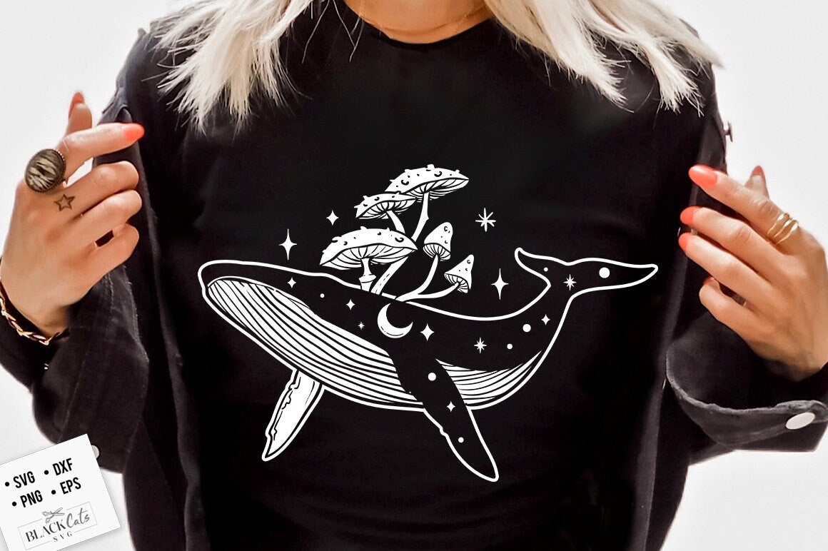 Whale SVG design, Celestial whale SVG file for Cricut, Whale and mushrooms svg, Magic illustration svg, Boho svg, Boho illustration svg