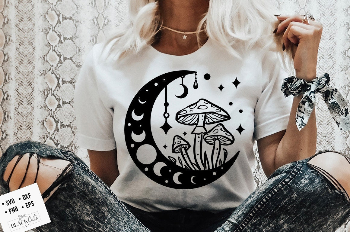Moon and mushrooms svg, Boho Moon SVG, Crescent moon svg, Magic illustration svg, Witchcraft svg, Boho svg, Magic Illustration svg