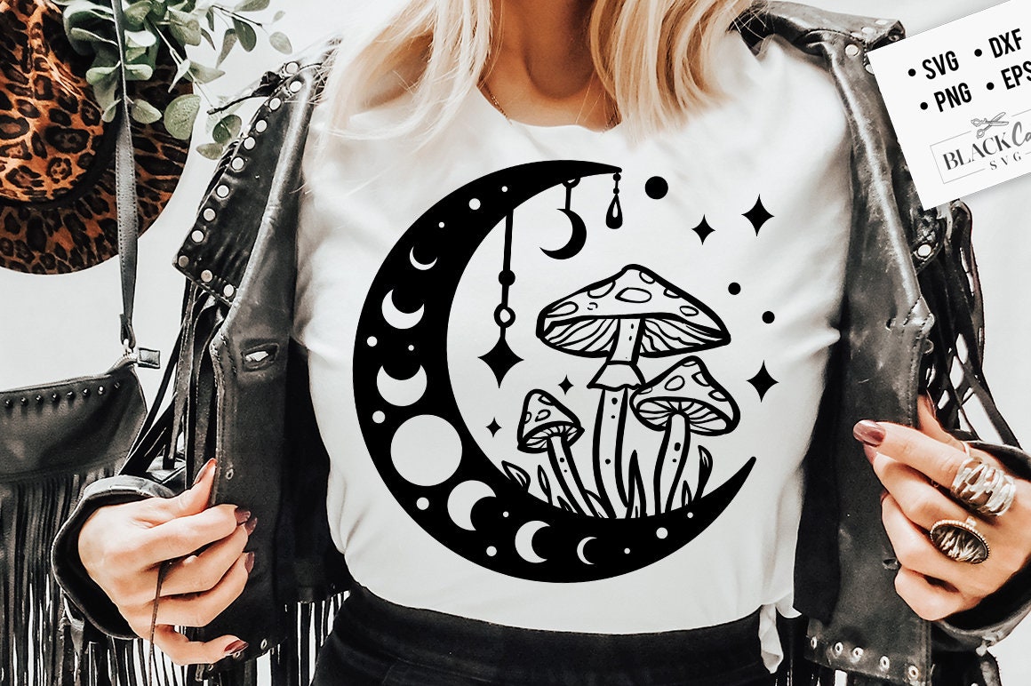 Moon and mushrooms svg, Boho Moon SVG, Crescent moon svg, Magic illustration svg, Witchcraft svg, Boho svg, Magic Illustration svg