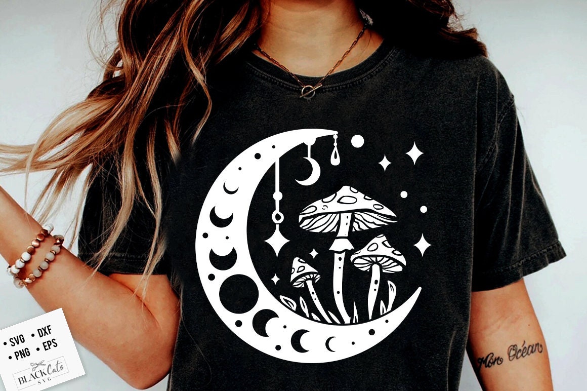 Moon and mushrooms svg, Boho Moon SVG, Crescent moon svg, Magic illustration svg, Witchcraft svg, Boho svg, Magic Illustration svg