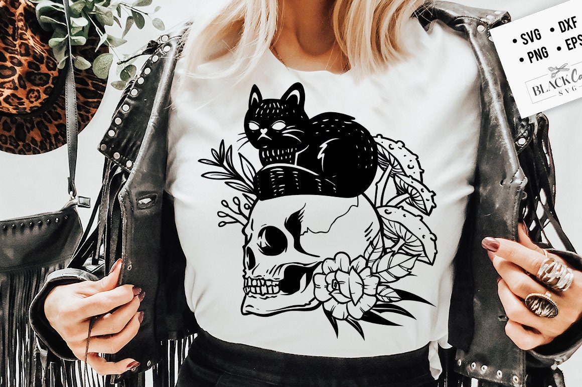 Cat on skull svg, Magic cat svg, sphynx cat svg, Magic cat svg, Magic illustration svg, Floral skull svg, Magic Illustration svg