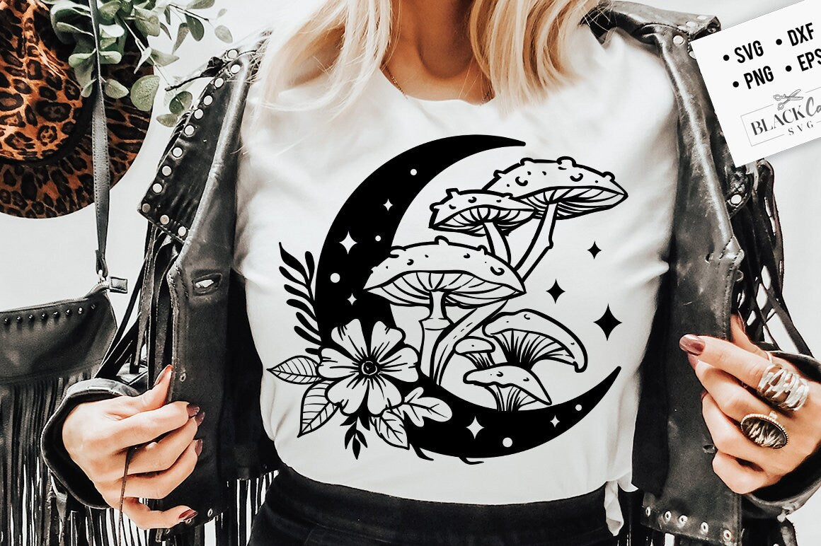 Moon and mushrooms svg, Moon mushroom svg, Boho Moon SVG, Crescent moon svg, Magic illustration svg, Witchcraft svg, Magic Illustration svg