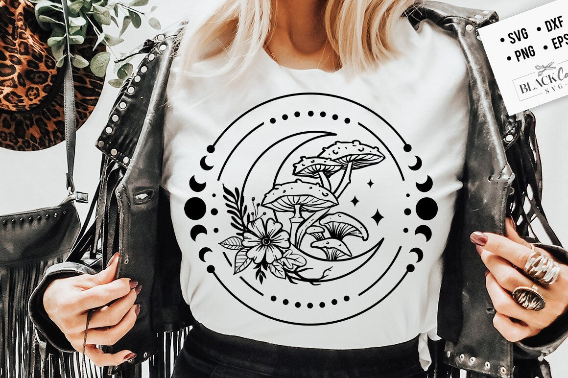 Moon and mushrooms svg, Round mushroom svg, Moon mushroom svg, Boho Moon SVG, Crescent moon svg, Magic illustration svg, Witchcraft svg