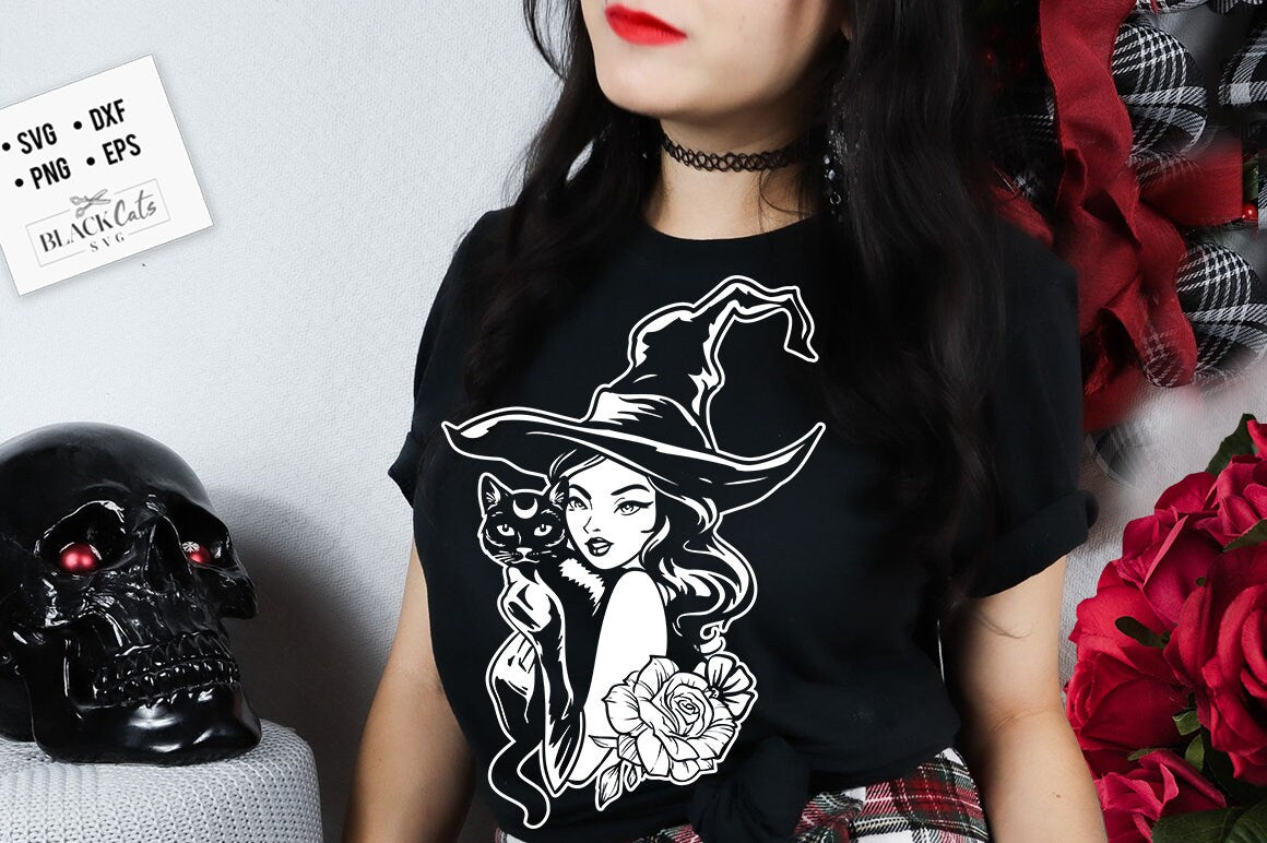Witch and black cat svg, Witch svg, Magic cat svg, sphynx cat svg, Magic cat svg, Magic illustration svg, skull svg, Magic Illustration svg