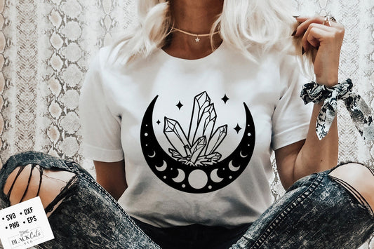 Moon and crystals SVG,  Crescent moon svg, Magic illustration svg,  Boho svg, Boho illustration svg, Magic Illustration svg,