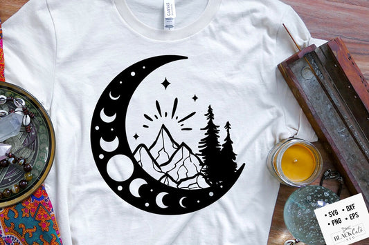 Moon and mountains SVG,  Crescent moon svg, Magic illustration svg, Witchcraft svg, Boho illustration svg,  Witchy vibes svg