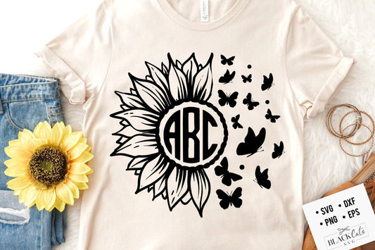 Sunflower and butterflies monogram svg, Sunflower svg, Boho flower svg, Flower quotes svg, sunshine svg, kindness svg