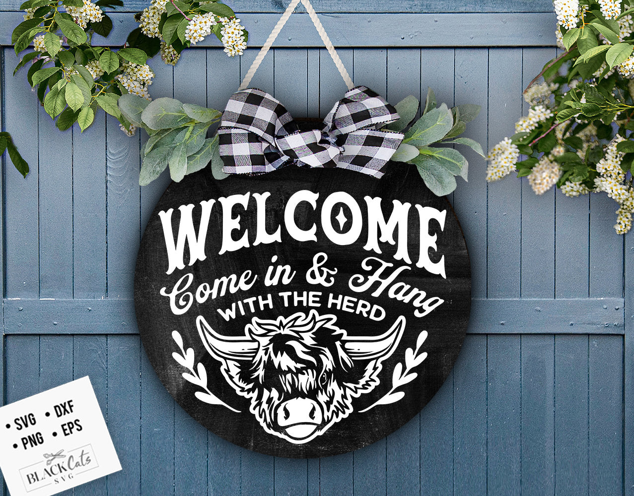 Highland cow door hanger svg, Highland cow round svg, Welcome sign svg, Cow Head SVG, Front door hanger svg, Farmhouse Cow Sign Svg