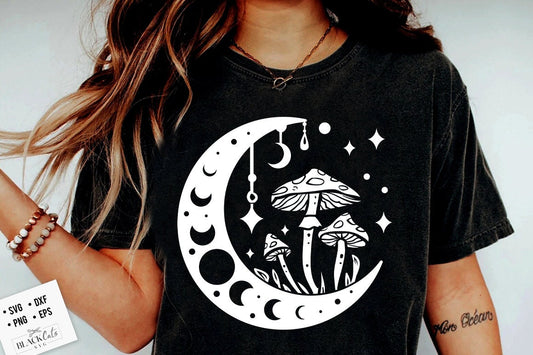 Moon and mushrooms svg, Boho Moon SVG, Crescent moon svg, Magic illustration svg, Witchcraft svg, Boho svg, Magic Illustration svg