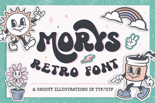 Morys Retro Font and dingbats, Groovy font and illustrations