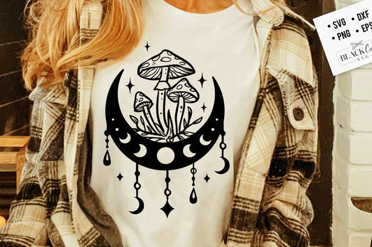 Moon and mushrooms svg, Moon mushrooms svg, Boho Moon SVG, Crescent moon svg, Magic illustration svg, Witchcraft svg, Boho svg