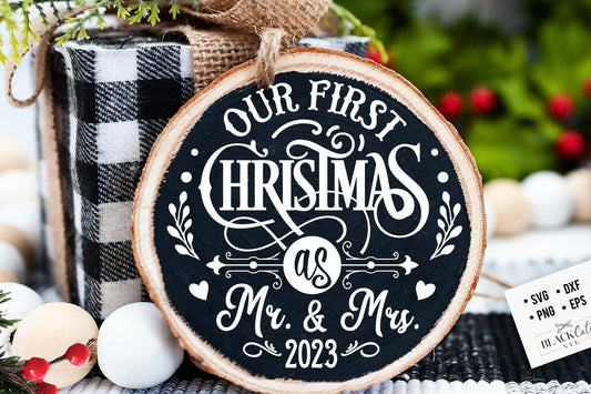 Mr and Mrs Christmas ornament svg, First Christmas ornament svg, Round Christmas svg, First Christmas round ornament svg, Married svg
